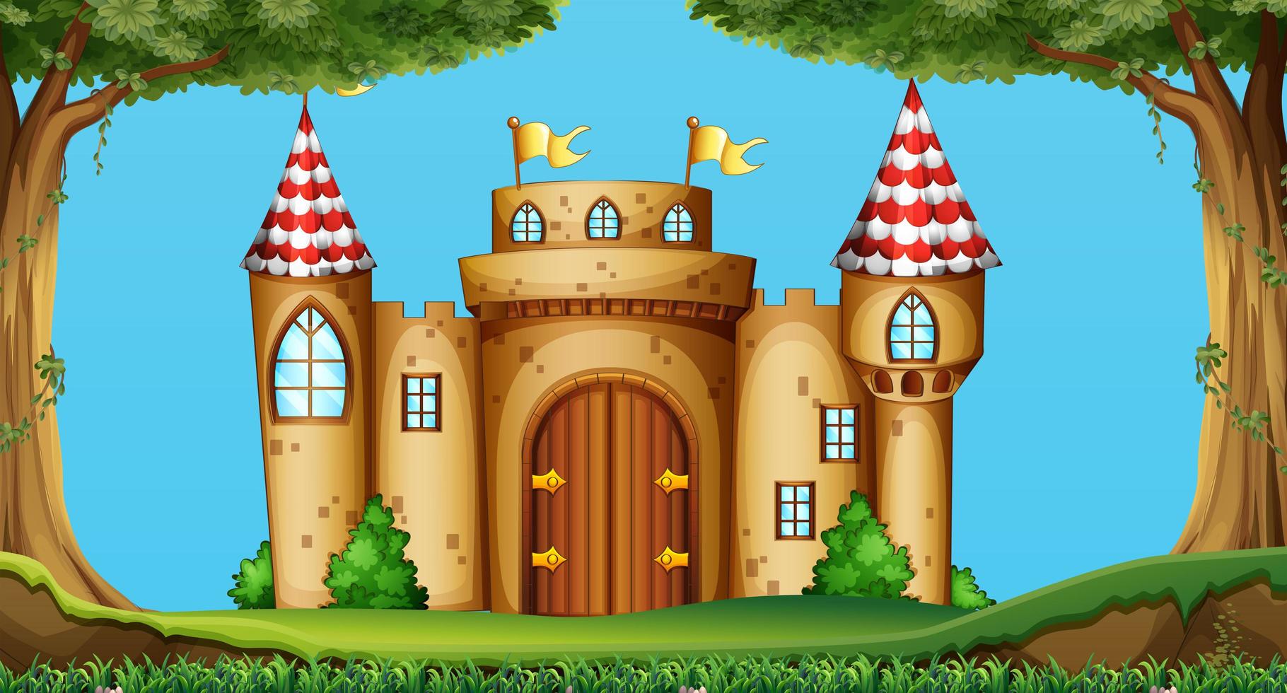 Cartoon style castle in the field vector