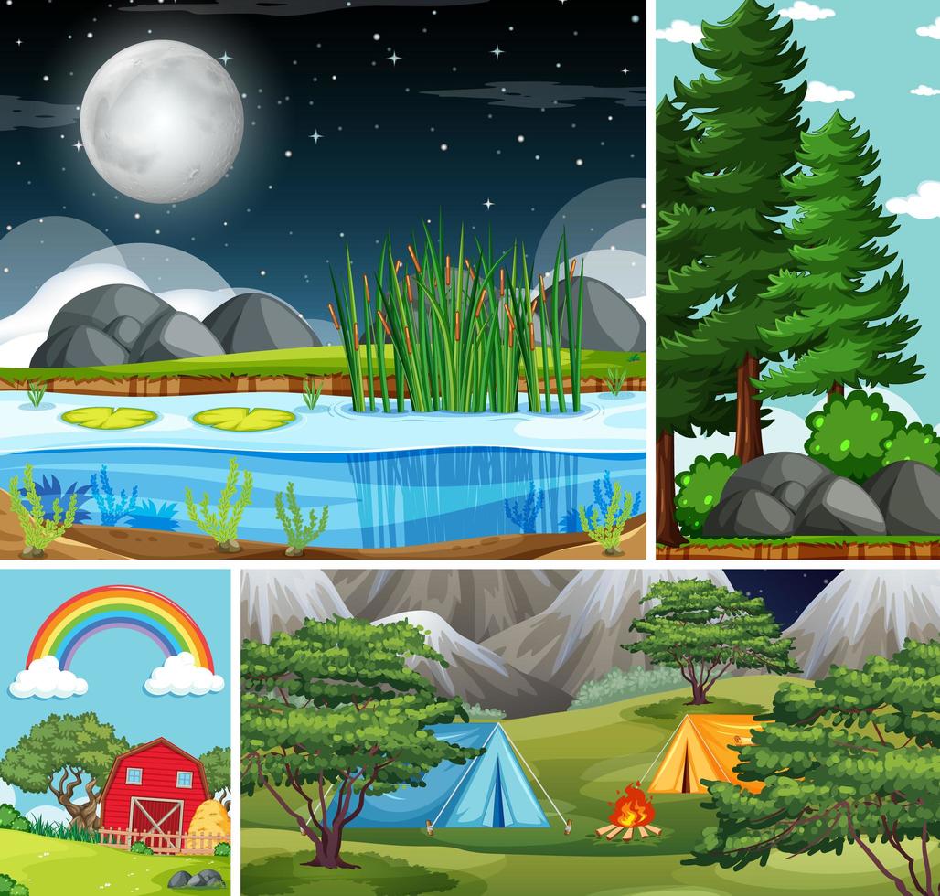 Four different nature scenes of forest and camping vector