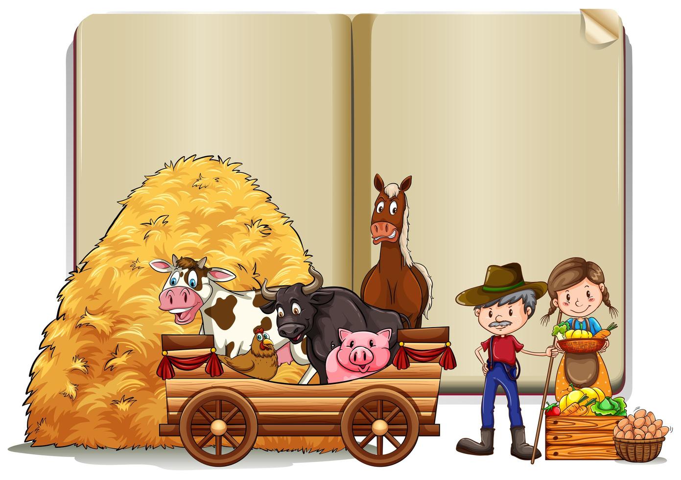 Farmers and animals on book template vector