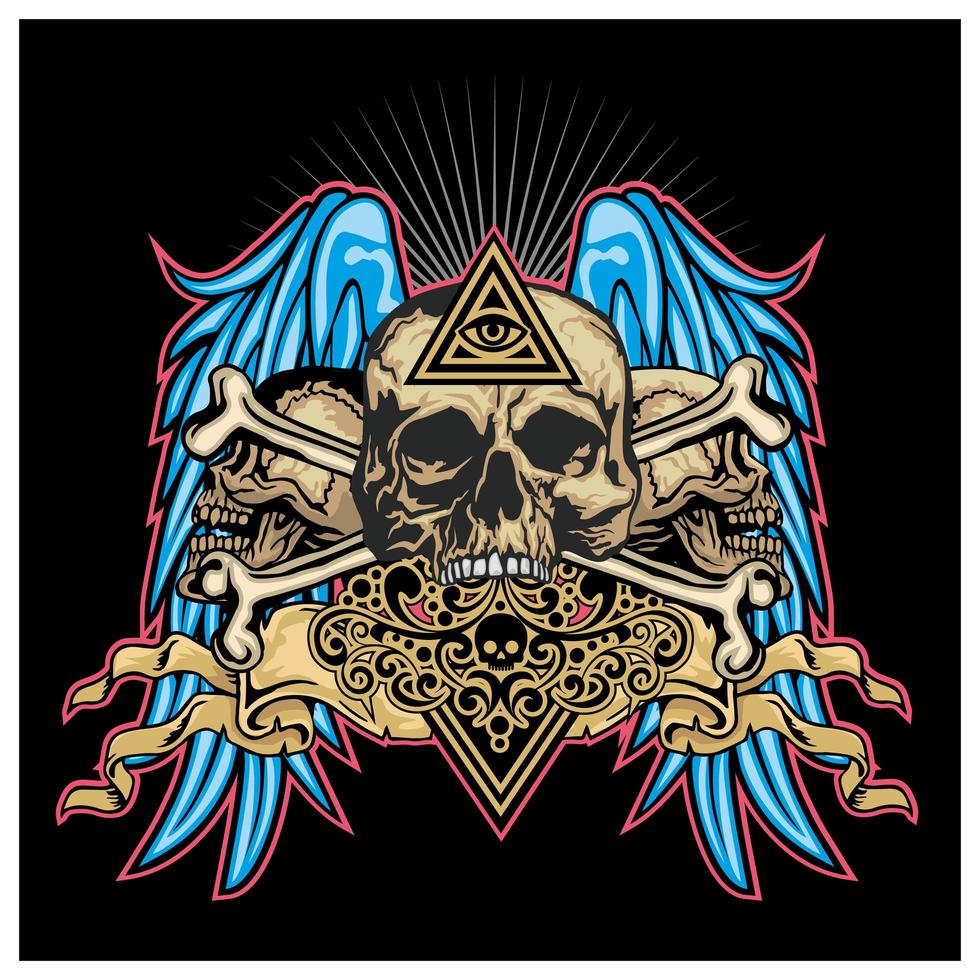 Grunge skulls with blue angel wings vector