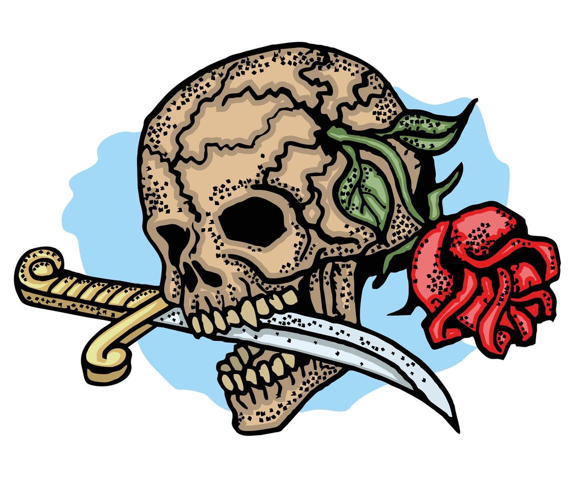 Colored tattoo skull with rose and dagger  vector