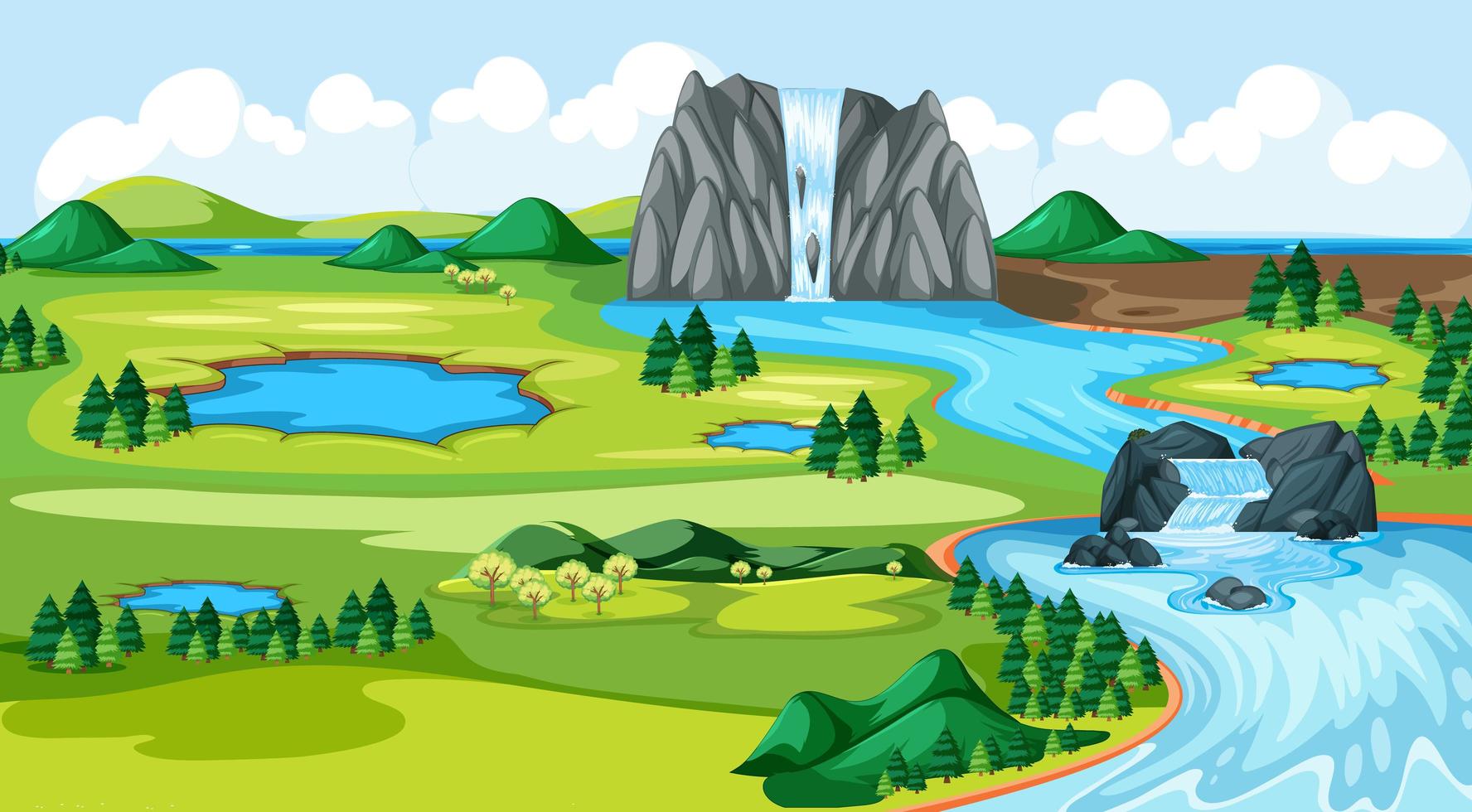 Meadow park with water fall river side landscape vector