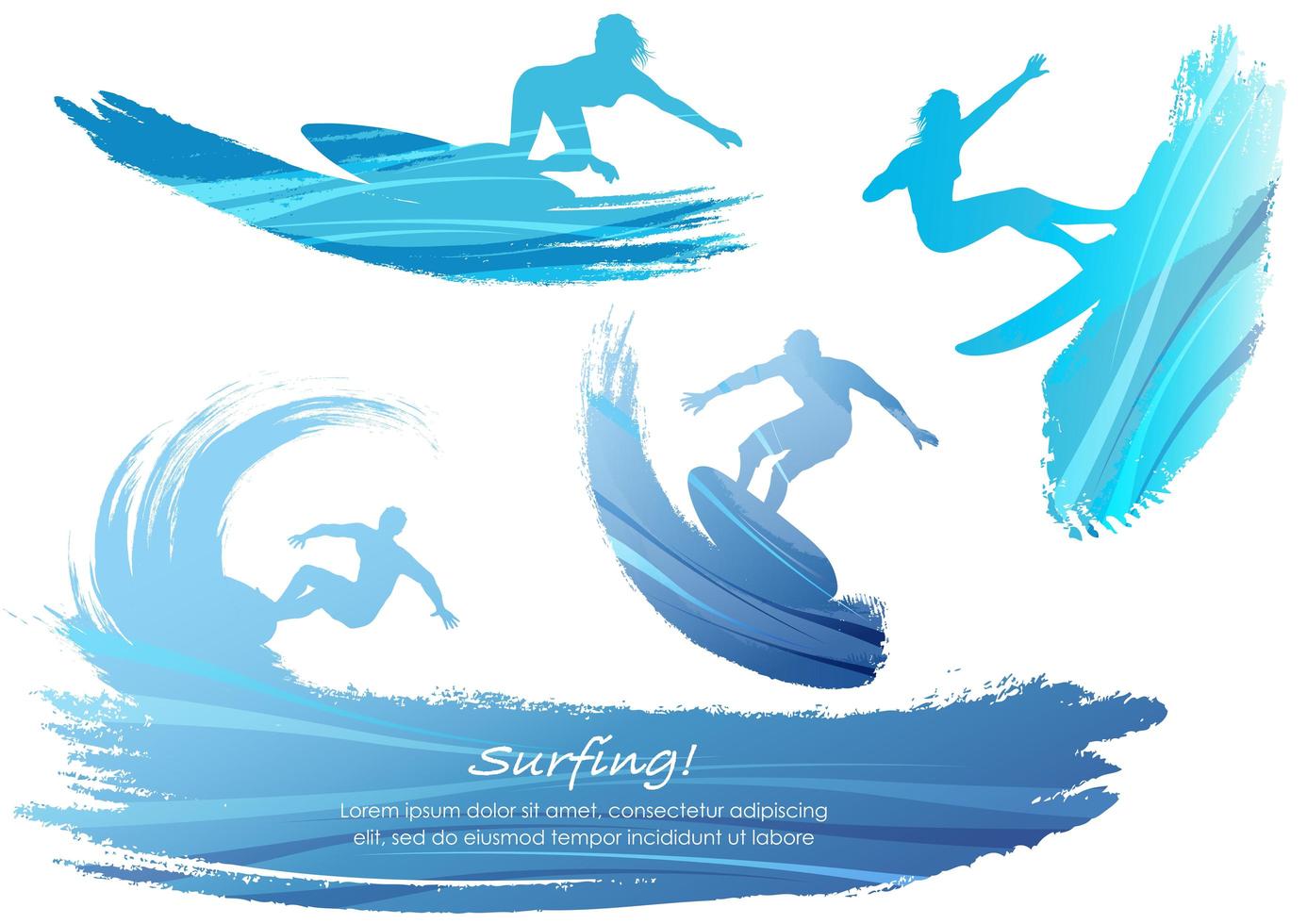 conjunto de siluetas de personas surf vector