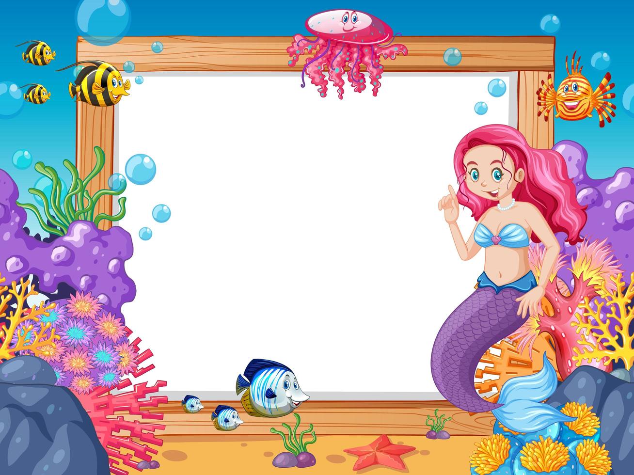 Mermaid and sea animals theme with blank banner  vector