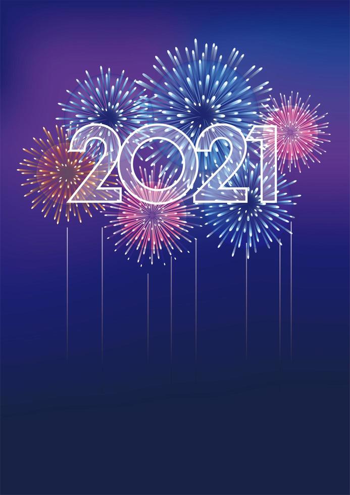 Plantilla de tarjeta de año nuevo 2021 con fuegos artificiales vector