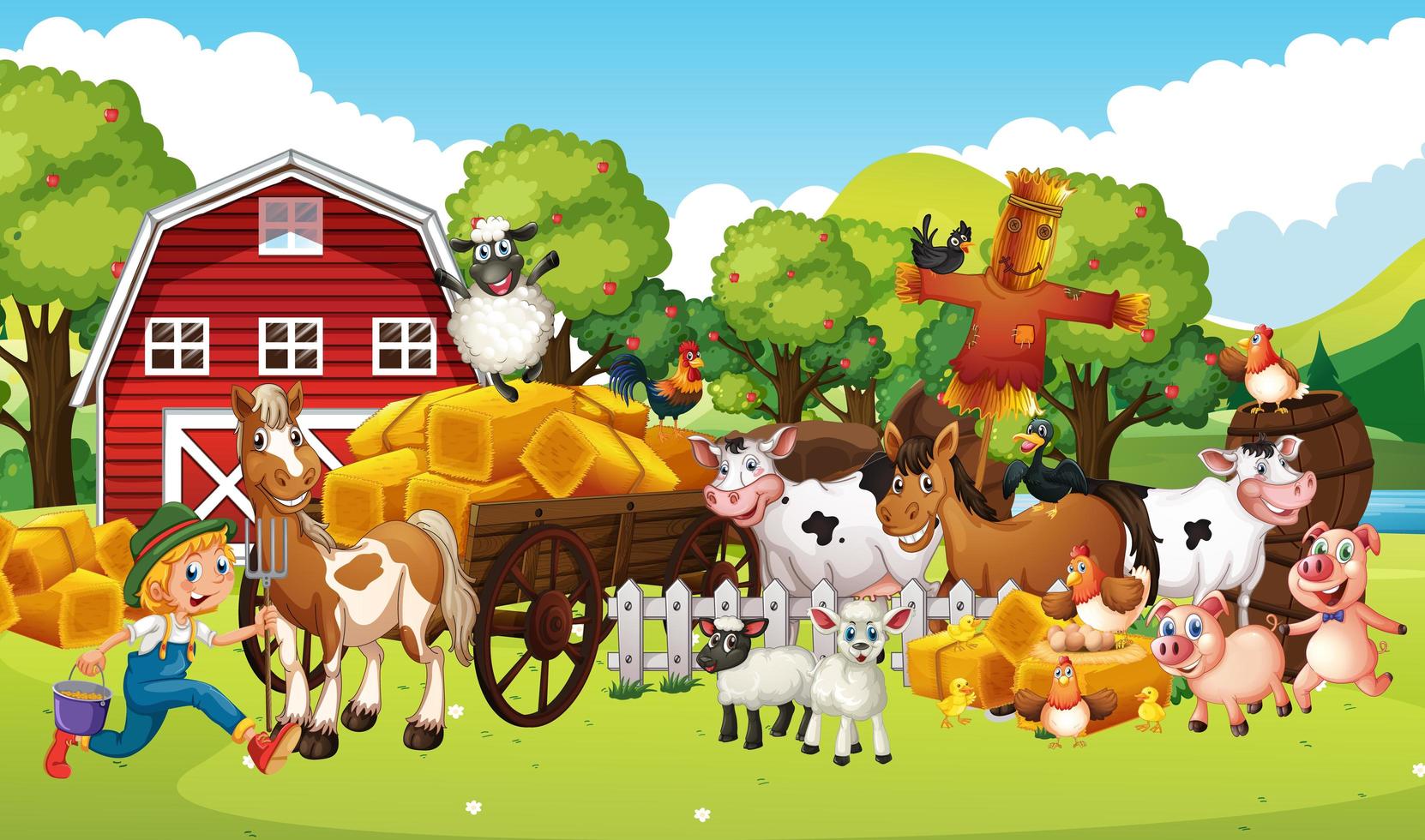 granja en una escena de la naturaleza con granja de animales. vector