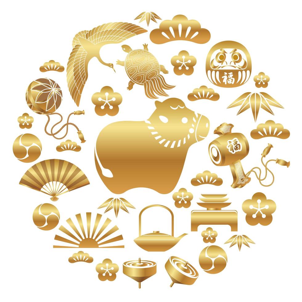 Year of the ox with asian icon set vector