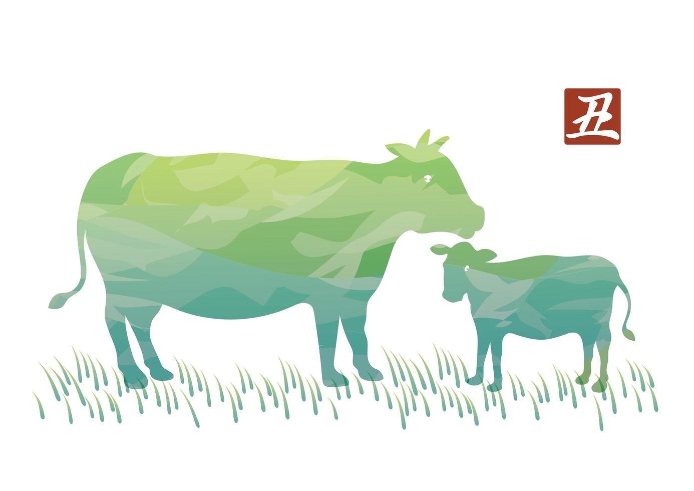 año del buey, acuarela familia de vacas. vector