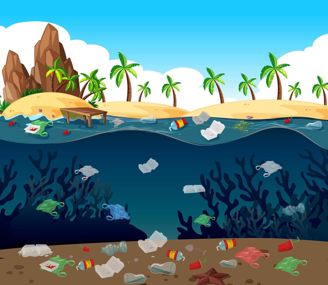 Water pollution with plastic bags in the ocean vector