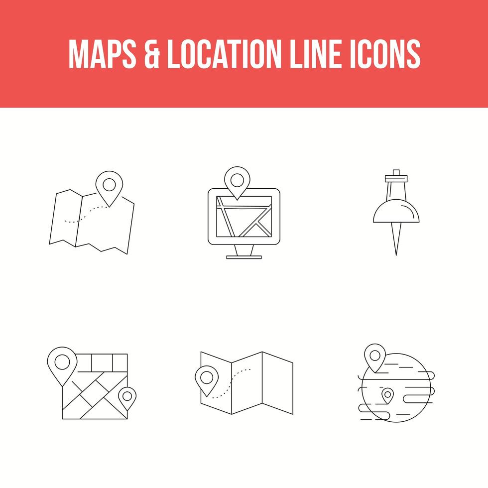 conjunto de mapas y ubicación 6 iconos de línea vector