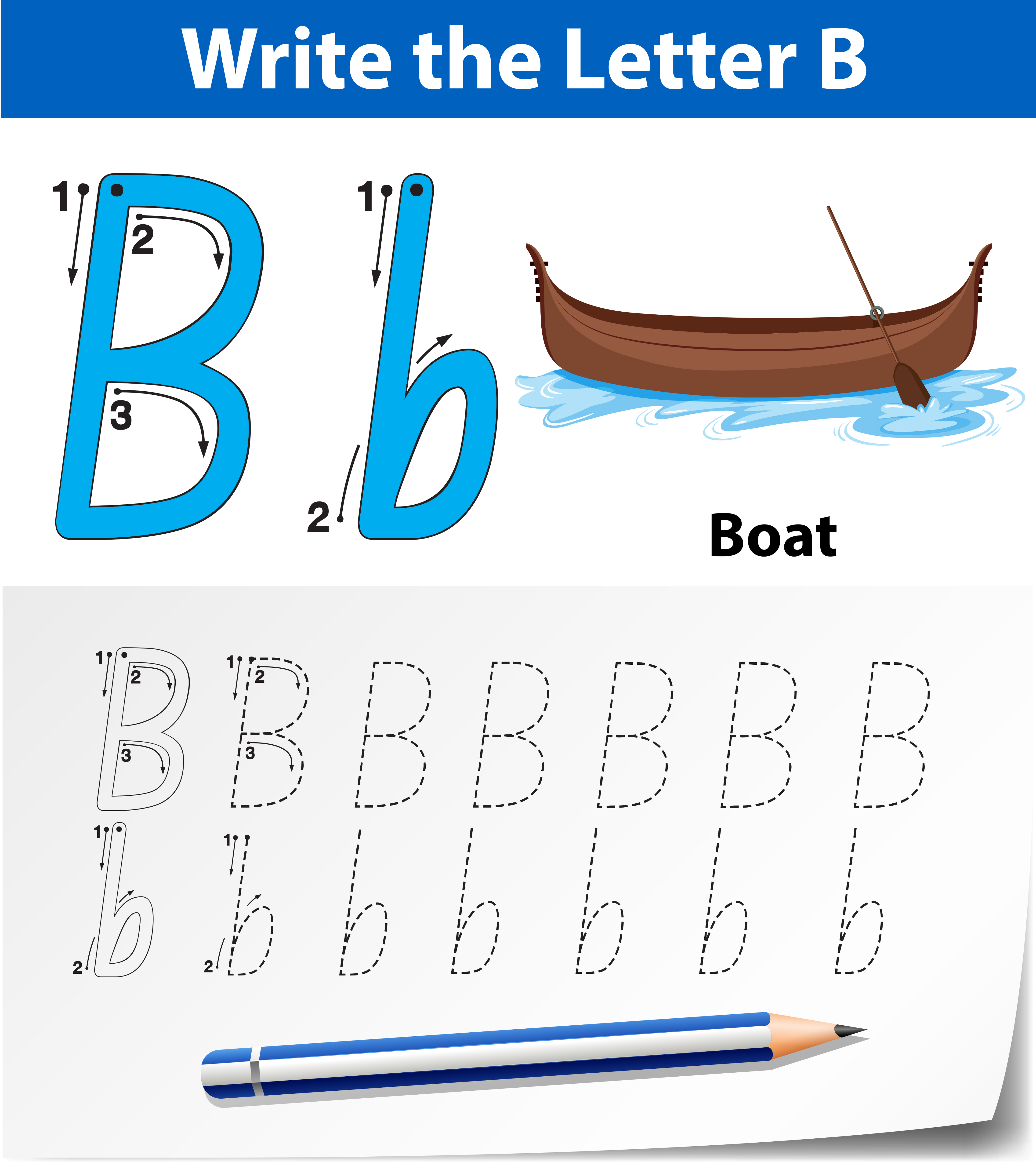 letter b tracing alphabet worksheet with boat 1349320 vector art at vecteezy