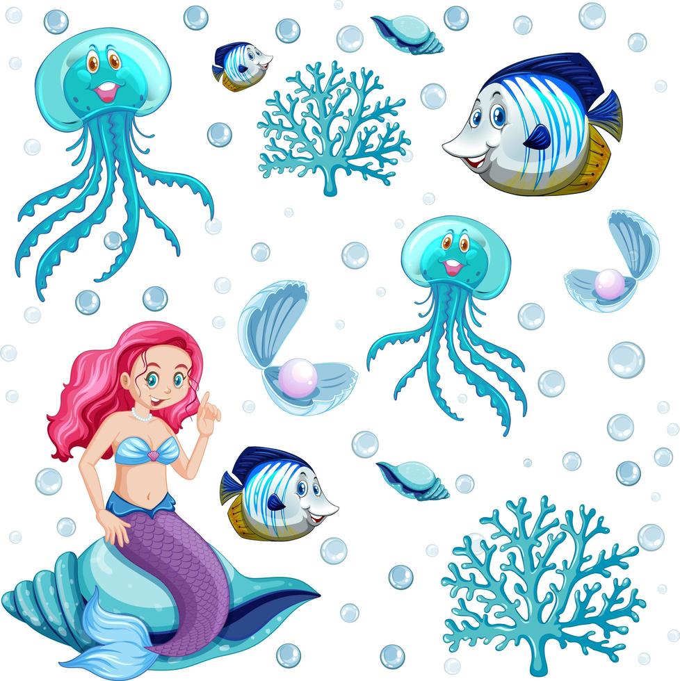 conjunto de animales marinos y personajes de dibujos animados de sirenas vector