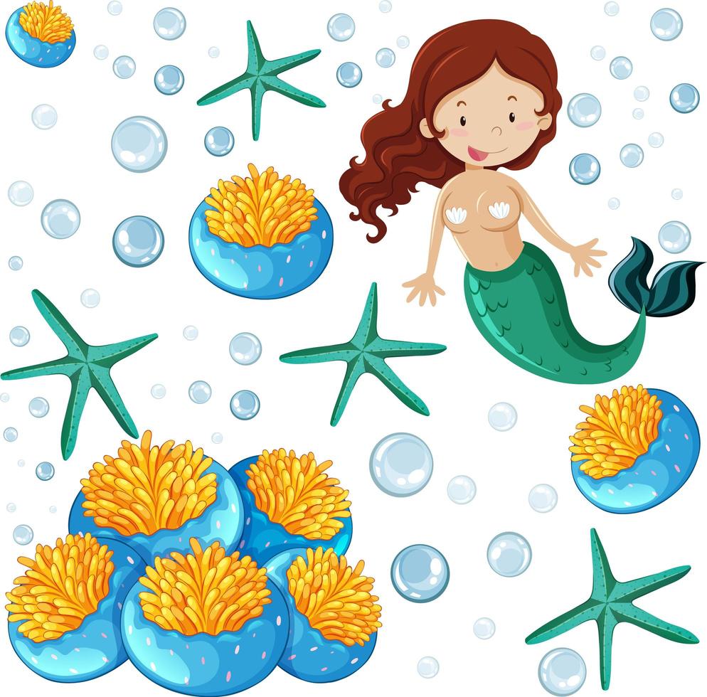 Set of sea animals and mermaid cartoon style  vector