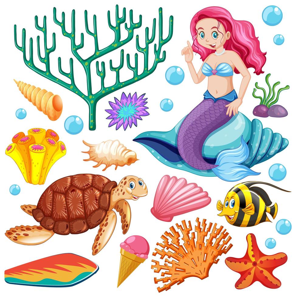 Set of sea animals and mermaid cartoon style  vector