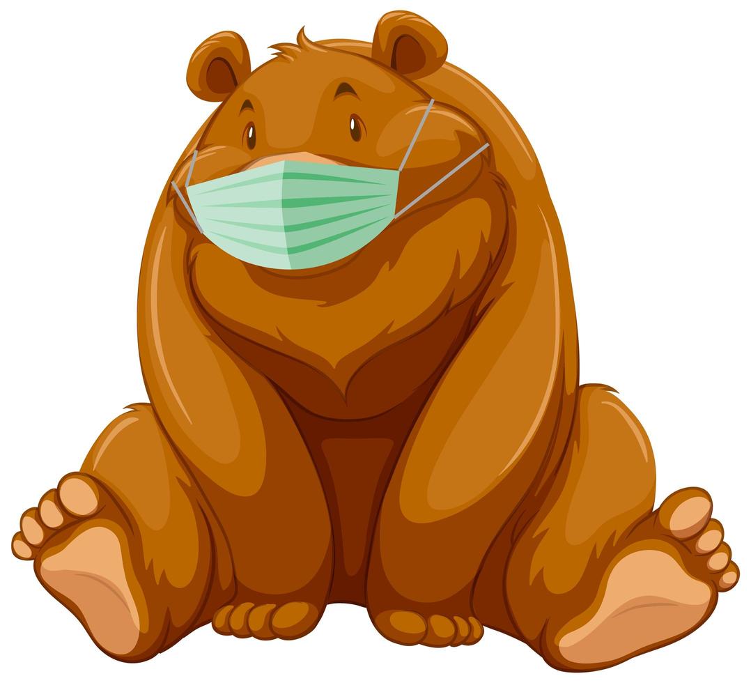 Sitting bear cartoon character wearing mask vector