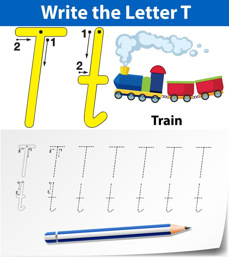 Letter T tracing alphabet worksheet with train  vector