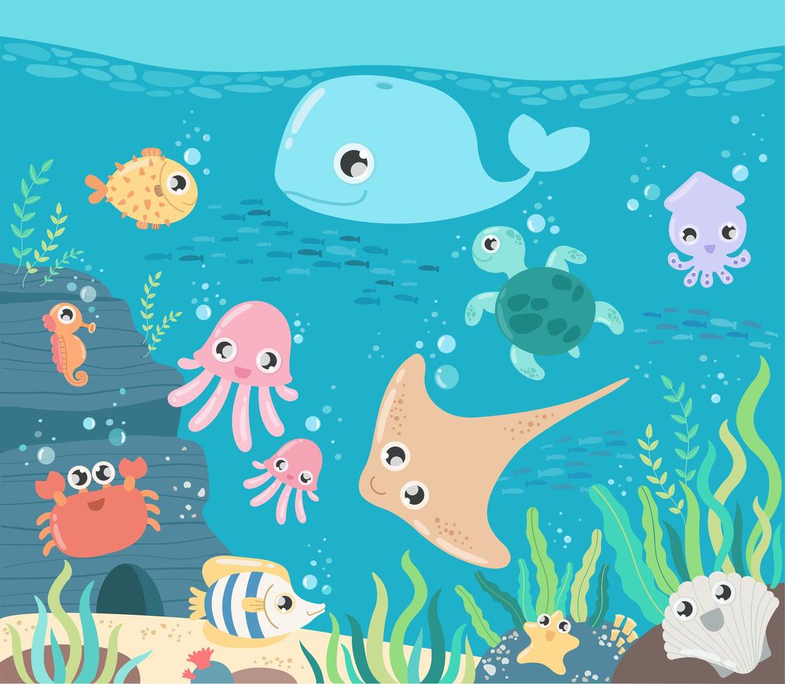 peces y animales marinos salvajes en el océano. vector