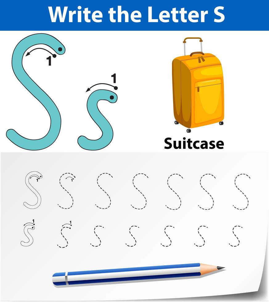 Hoja de trabajo del alfabeto de trazado de la letra s con maleta vector