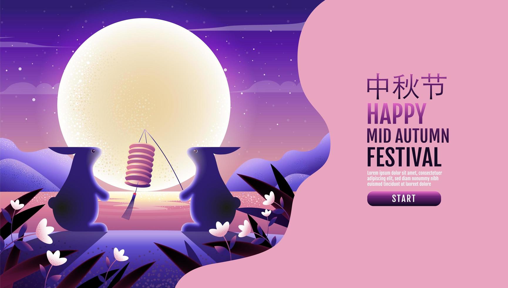 Mid autumn festival rabbits at water landing page vector