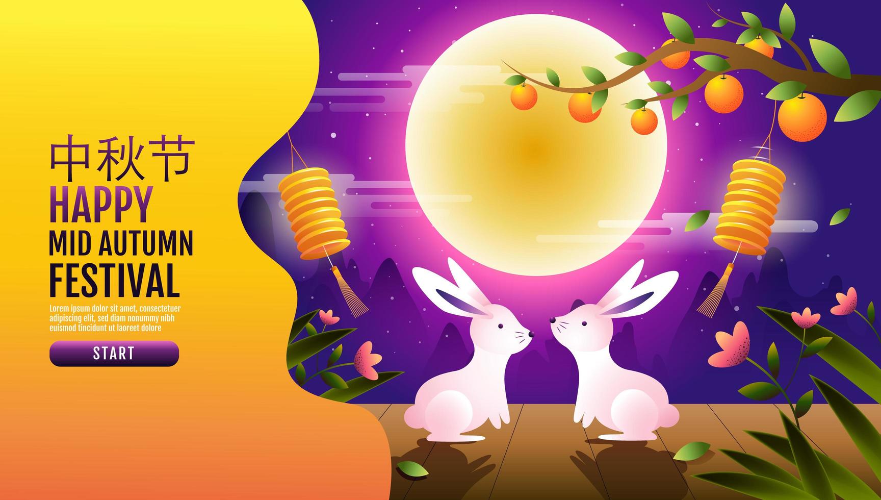 Happy mid autumn festival rabbits fantasy landing page vector