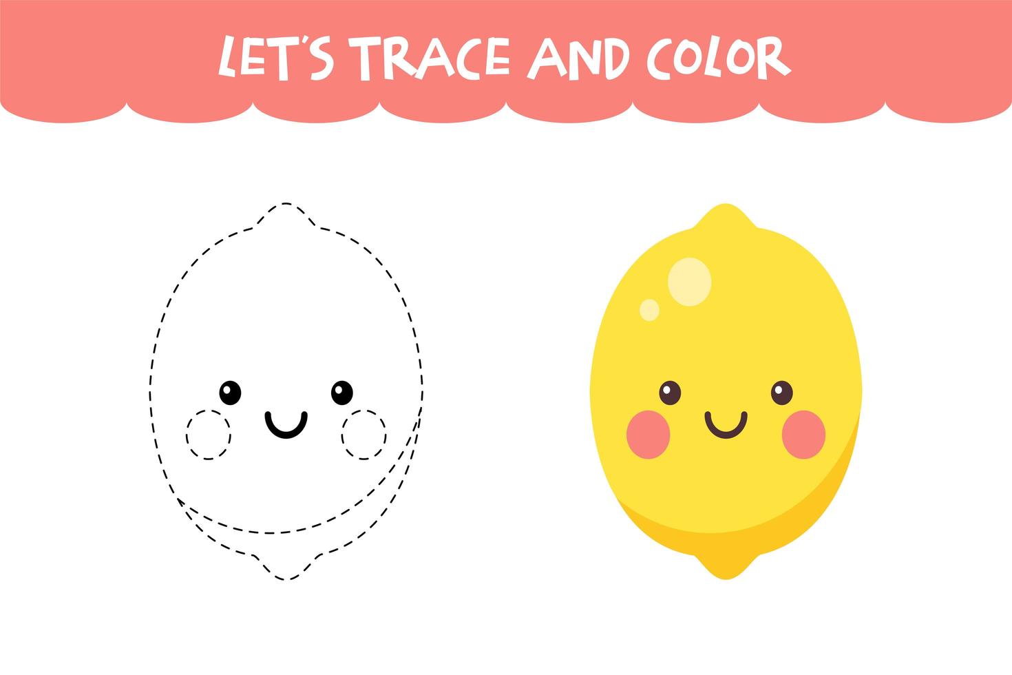 Trace and color cute Lemon educational worksheet vector