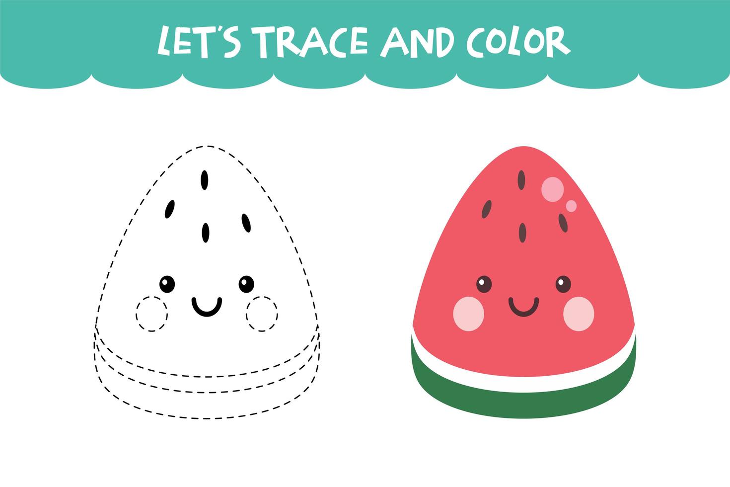 Trace and color cute Watermelon educational worksheet vector