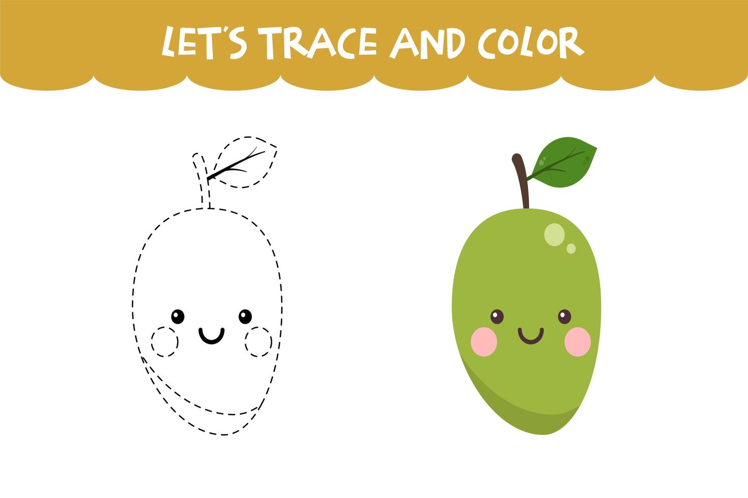 Trace and color cute Mango educational worksheet vector