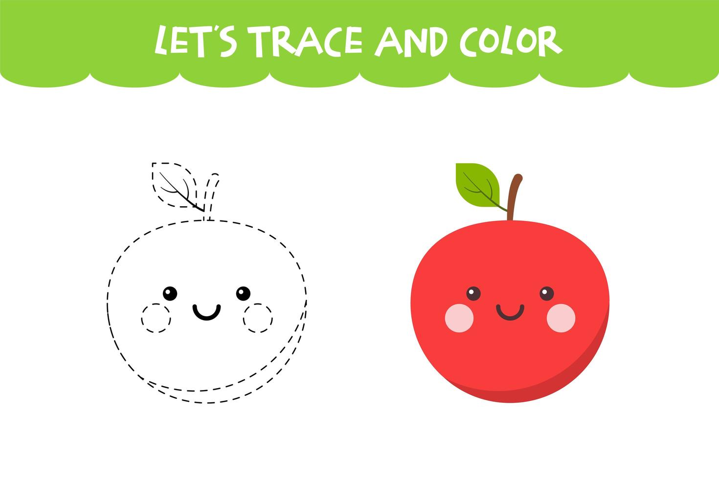 Trace and color cute Apple educational worksheet vector