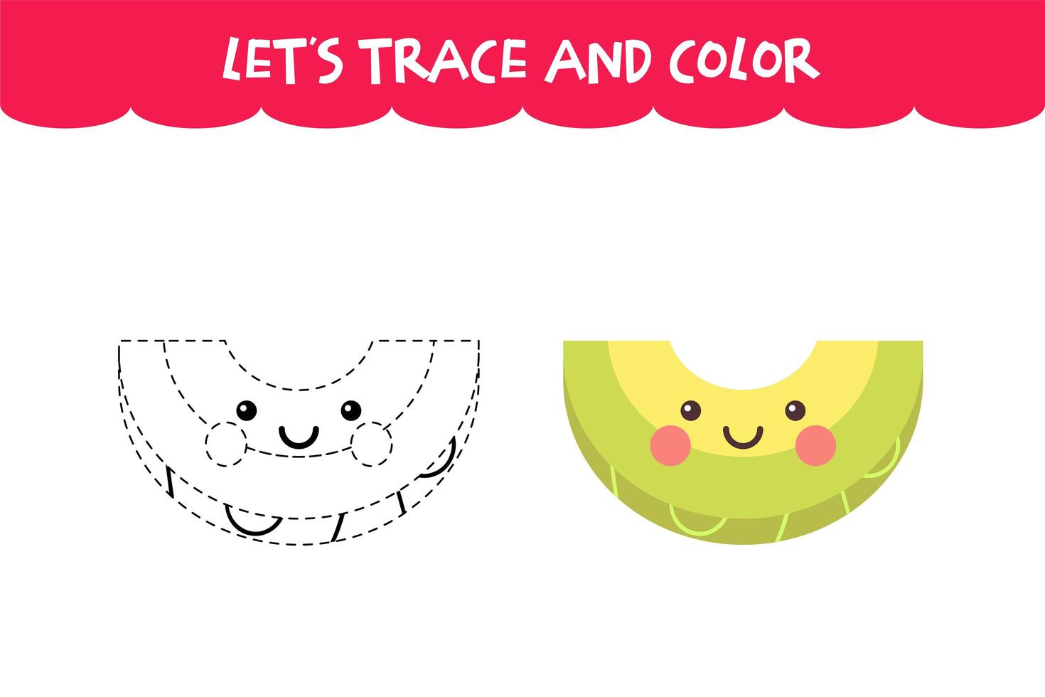 Trace and color cute Honeydew Melon educational worksheet vector