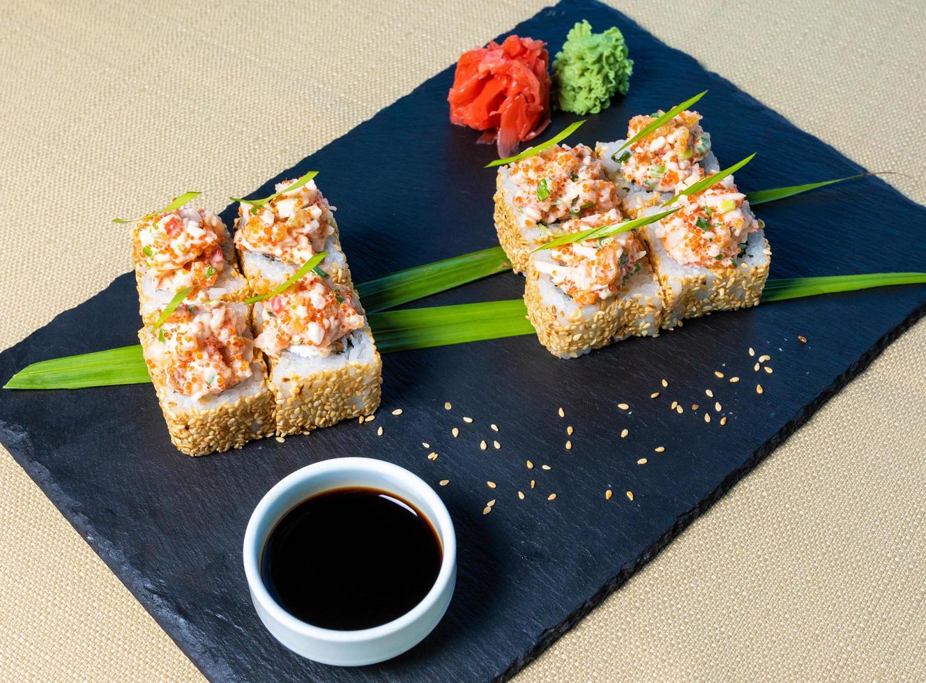 Sushi with wasabi and soy sauce photo