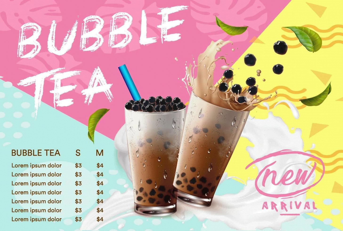 Trendy color blocked bubble tea menu vector