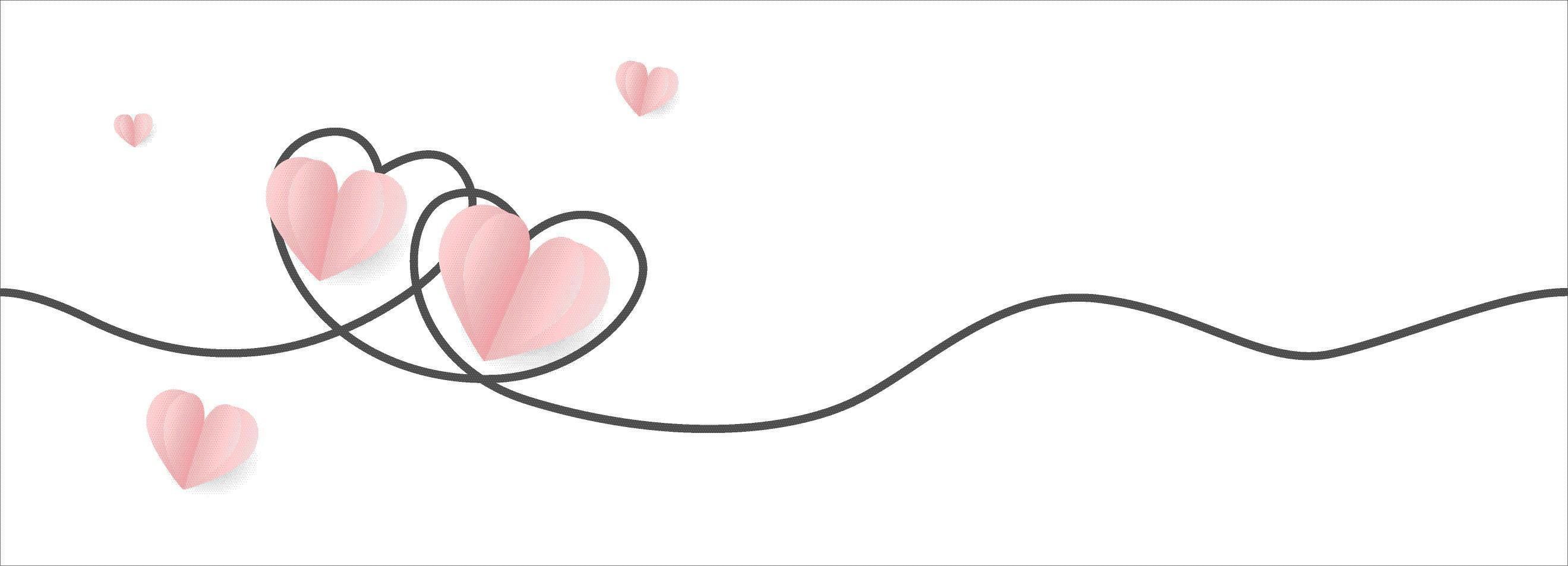 Banner de San Valentín con corazones de papel rosa y línea de doodle vector