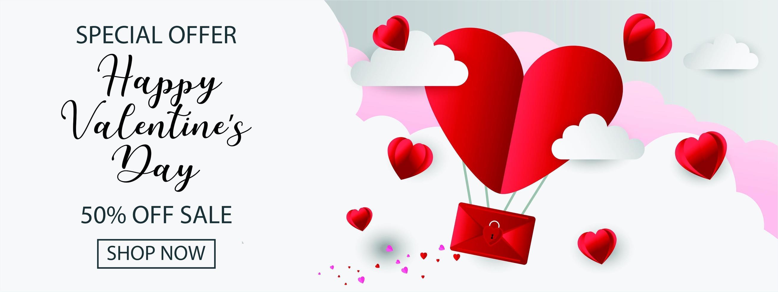 Valentine's special offer banner with heart envelope in clouds vector