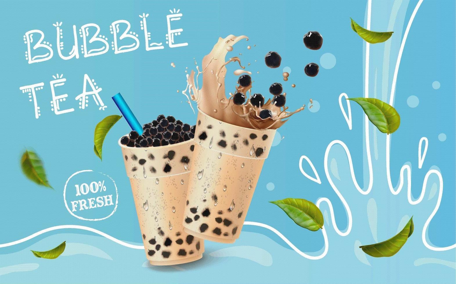 Bubble tea cartoon splash and leaves ads vector