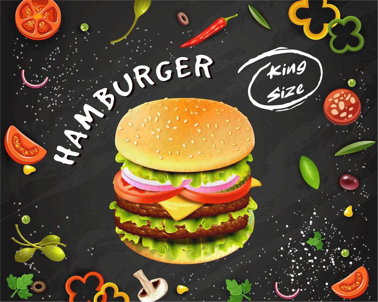 sabroso cartel de hamburguesas y verduras de comida rápida vector