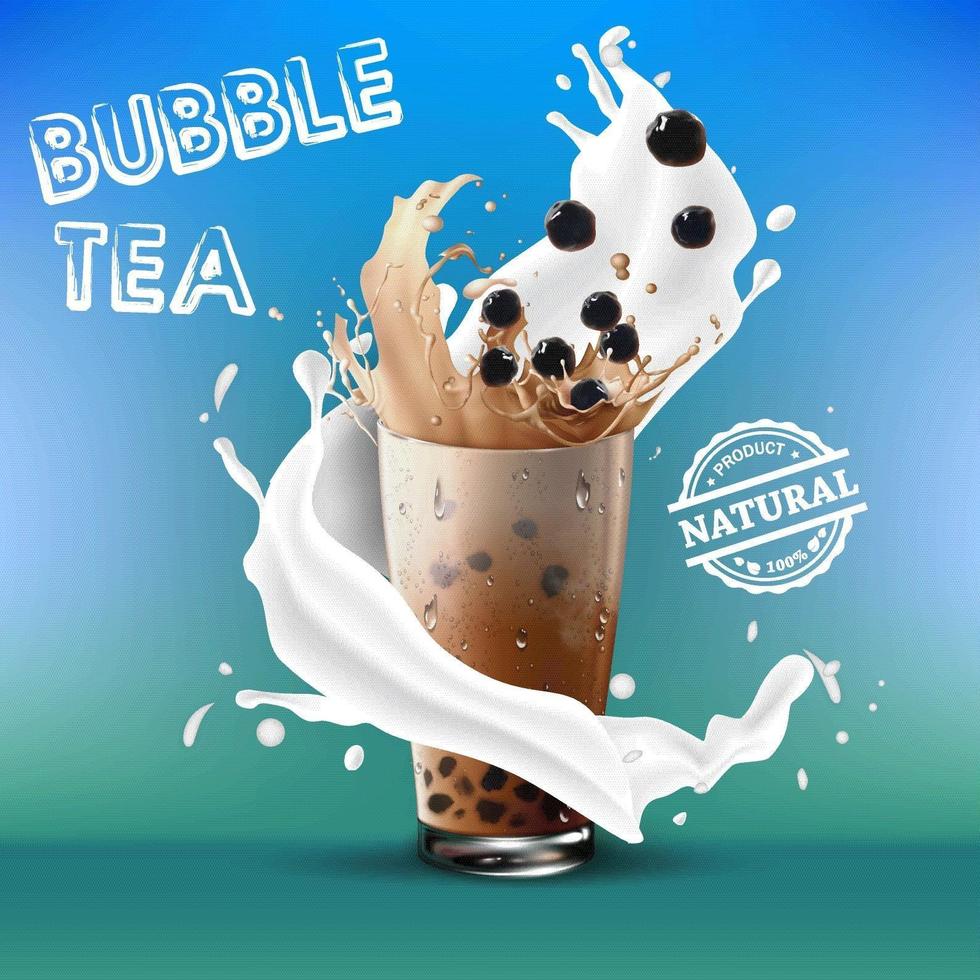 Milk splash around bubble tea on blue green gradient vector