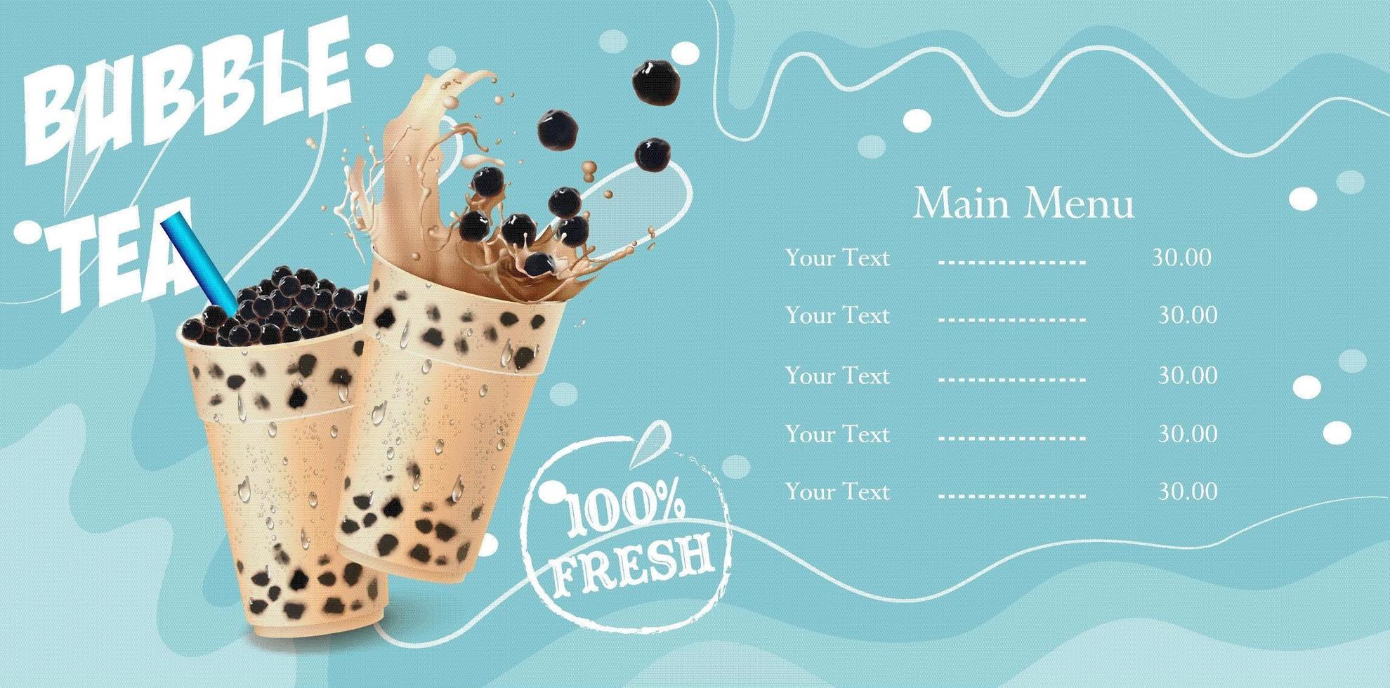 Bubble tea cups menu design vector