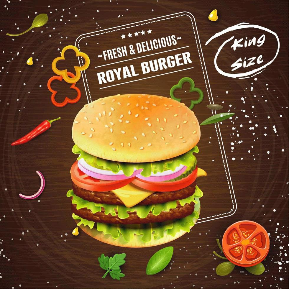 Fresh and delicious burger advertisement on wood vector