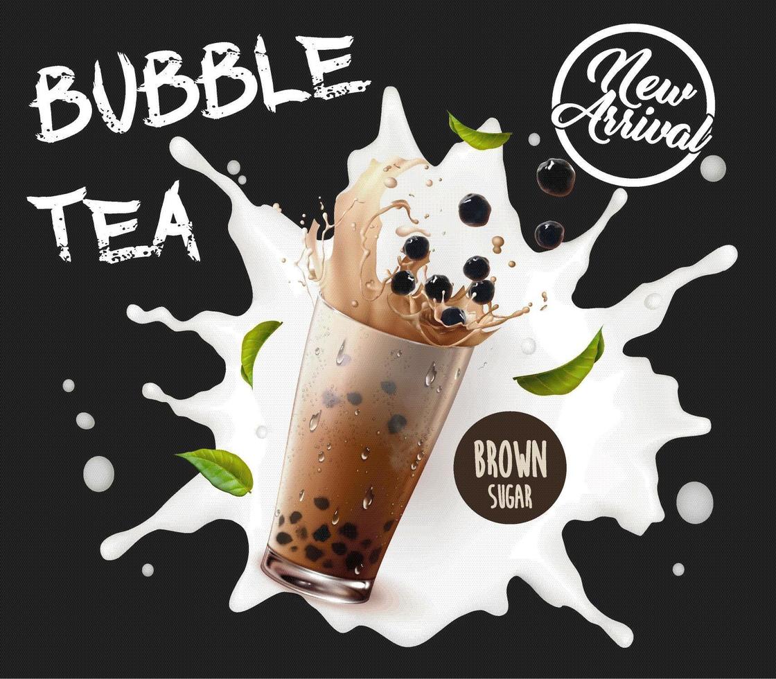 Bubble tea new arrival advertisement with milk splash vector