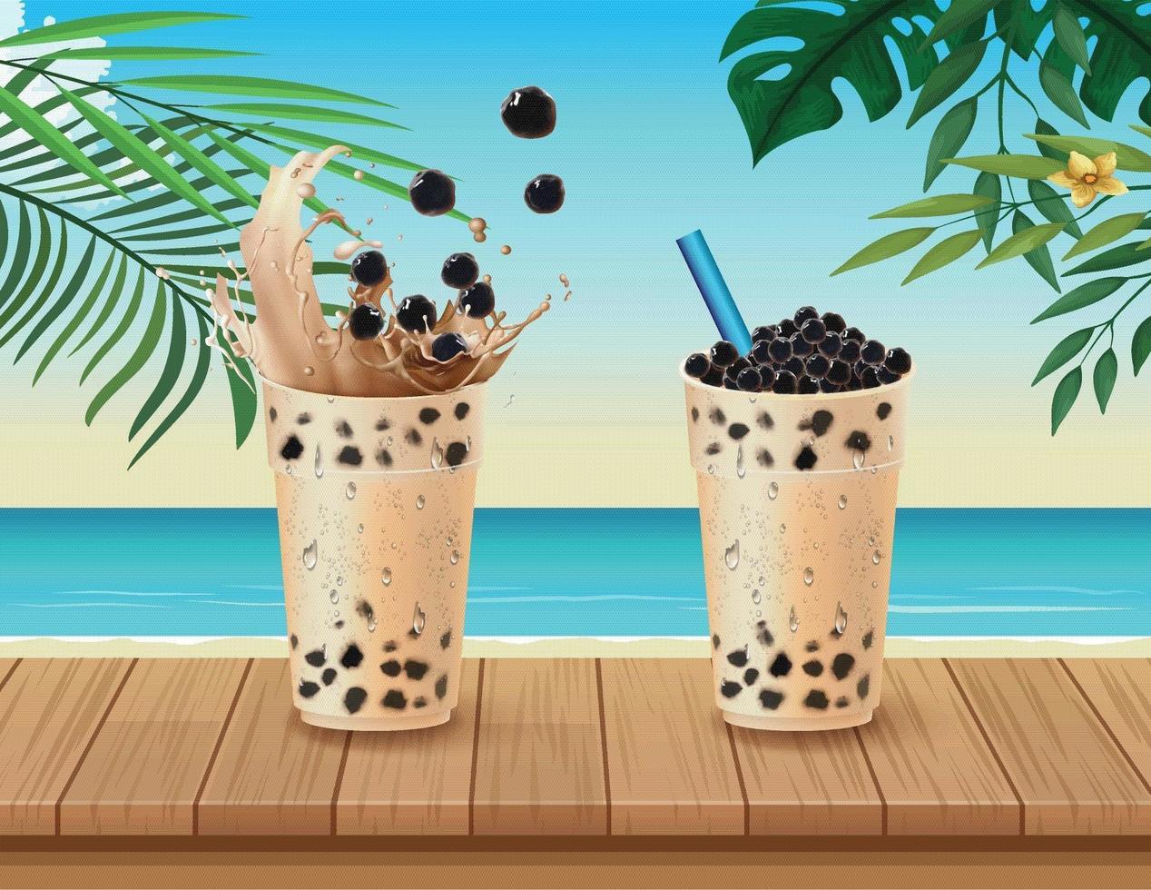 Bubble milk tea cups in tropical beach scene vector