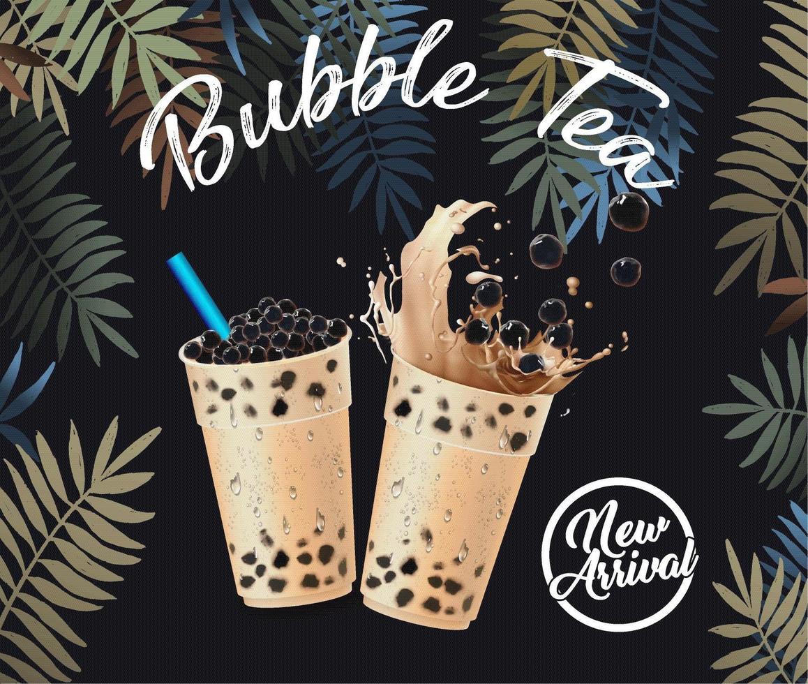 cartel de recién llegado de bubble tea con hojas tropicales vector