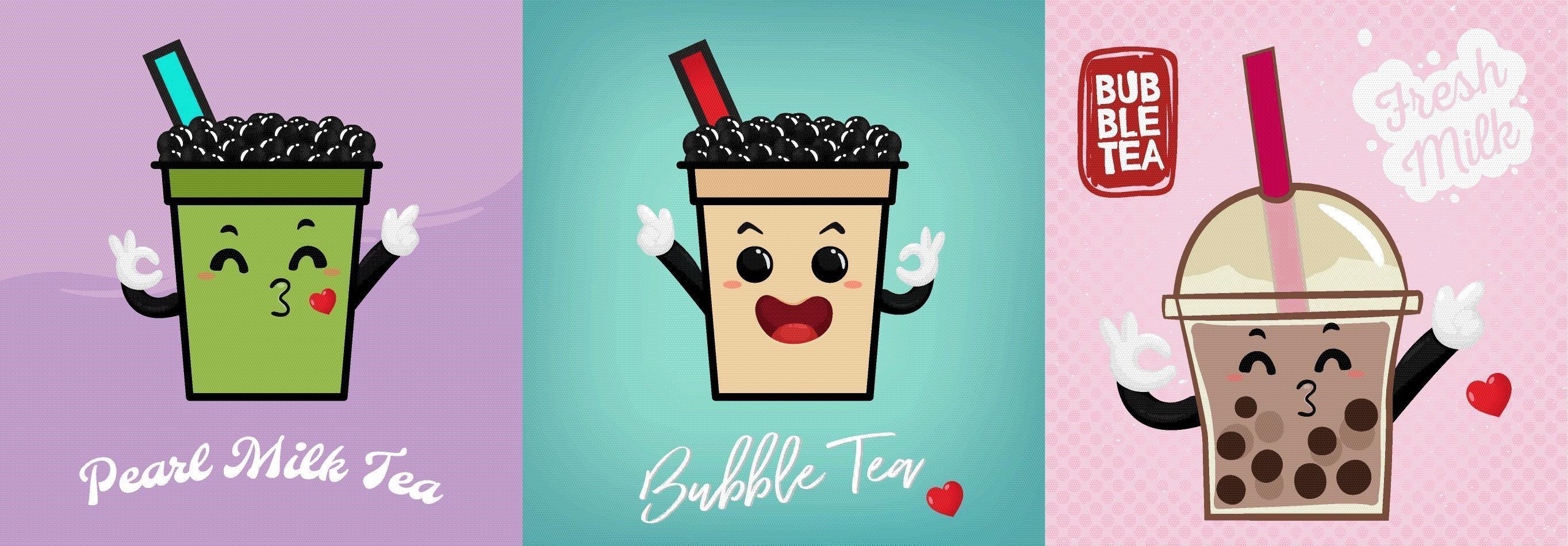  Hand drawn kawaii smiling bubble tea drinks set vector