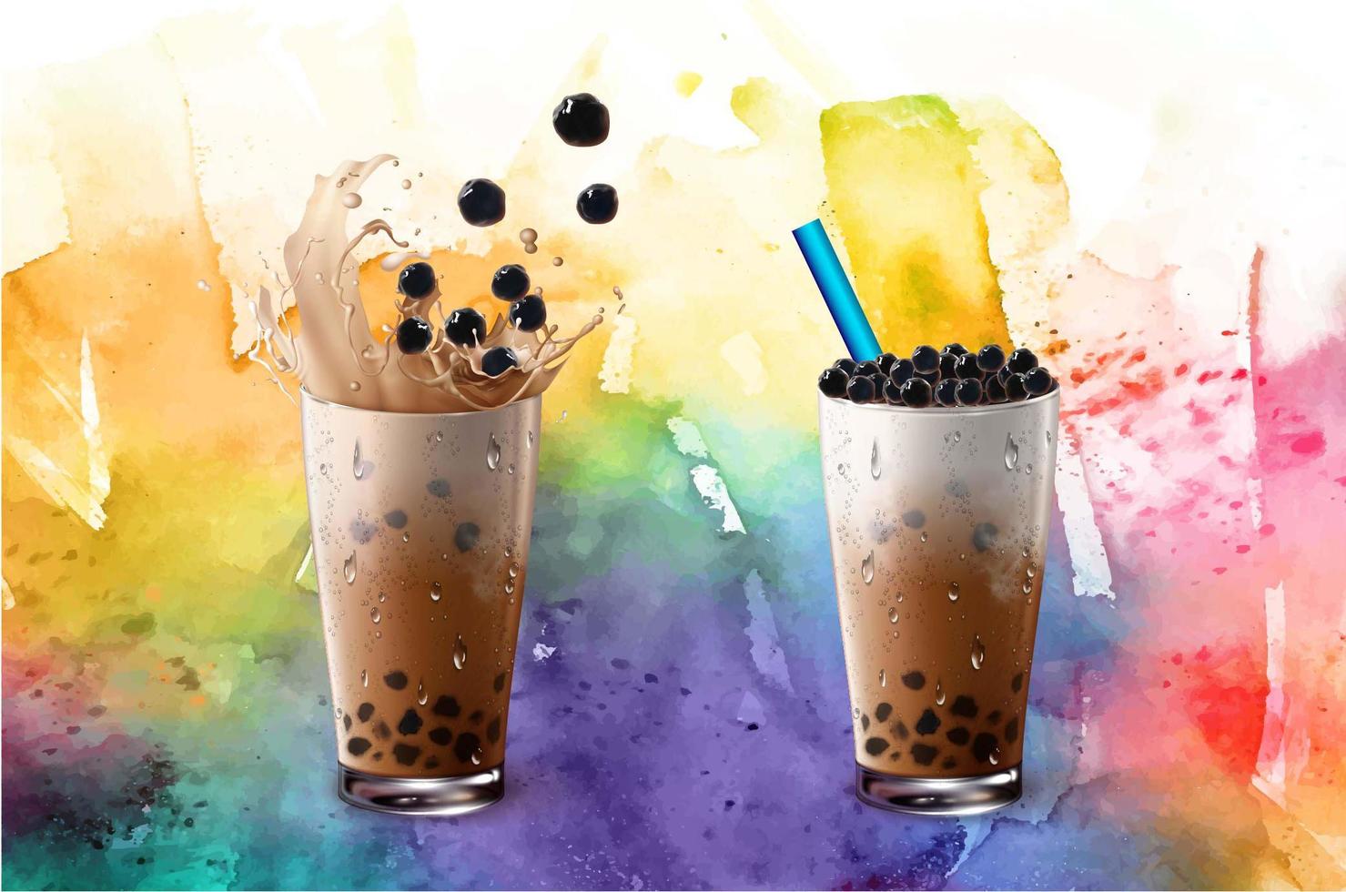 Bubble milk tea set on colorful watercolor texture vector