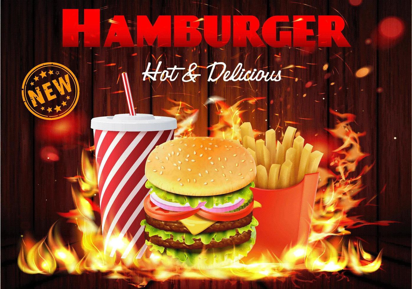 Flaming burger combo on wood poster vector