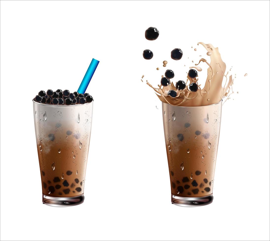 Realistic Milk Bubble Tea Glass Set vector