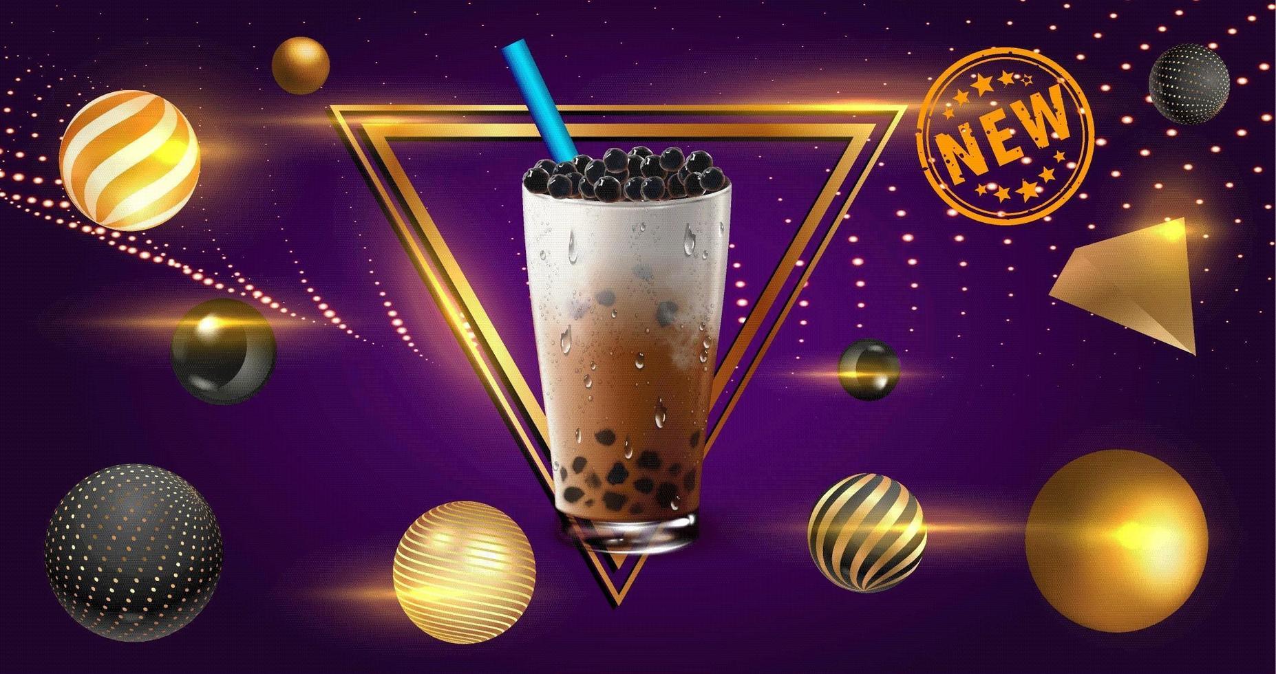 Bubble tea with golden sphere elements and triangle frame vector