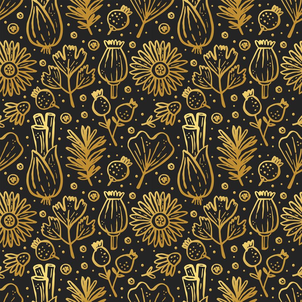 Gold herbs, forest plants on black seamless pattern vector