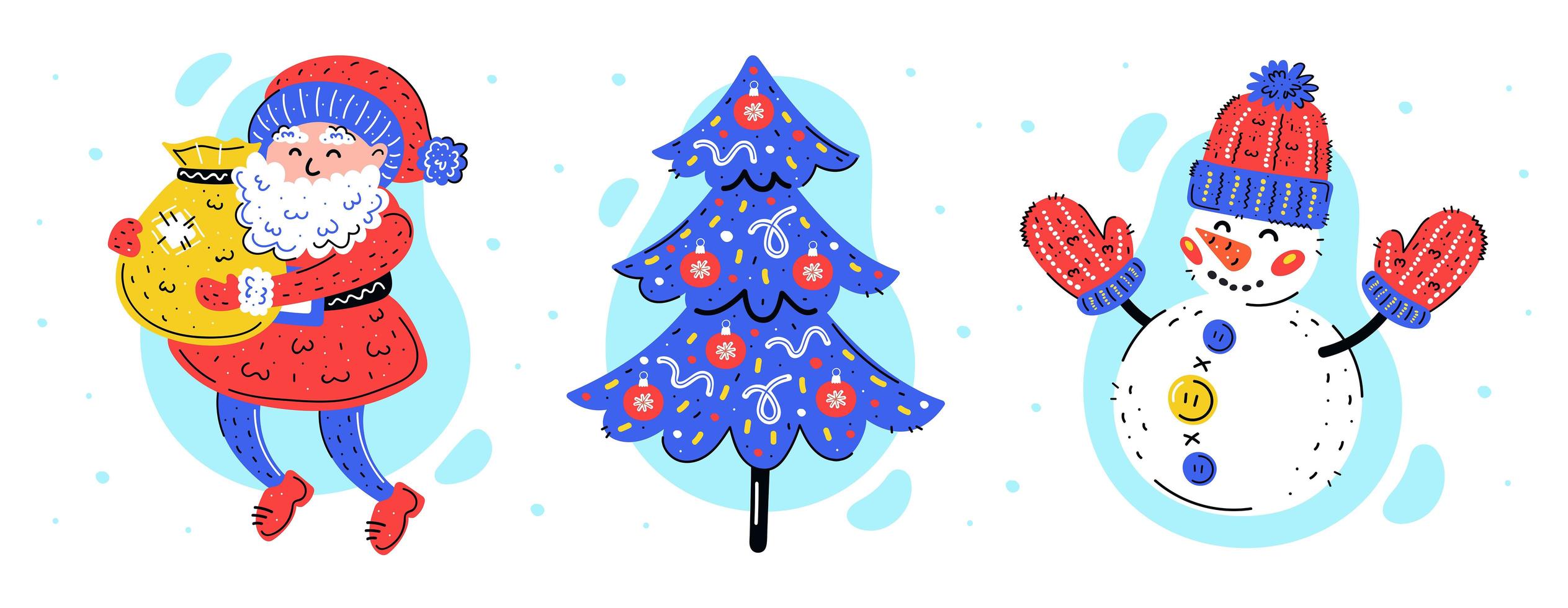 santa claus, árbol de navidad y muñeco de nieve conjunto dibujado a mano vector