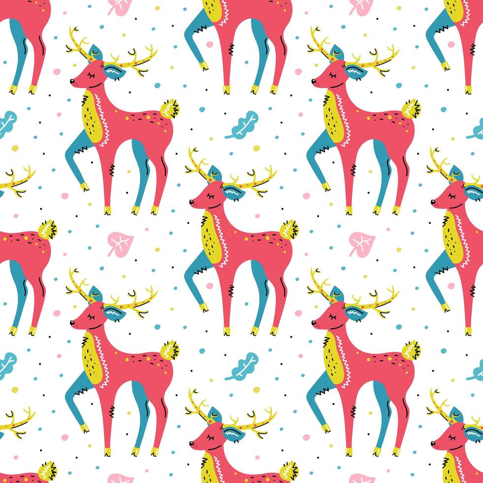 Deers with leaves hand drawn seamless pattern vector