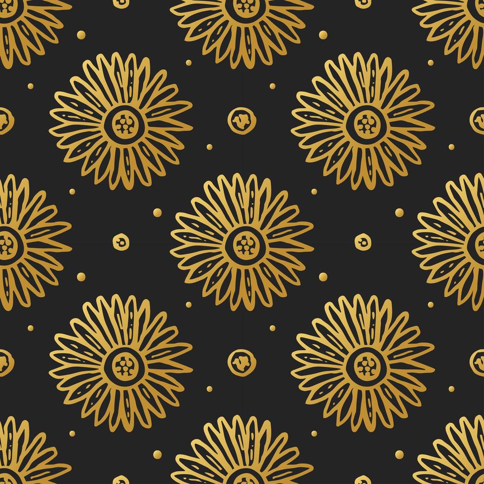 Gold flower blossom on black seamless pattern vector